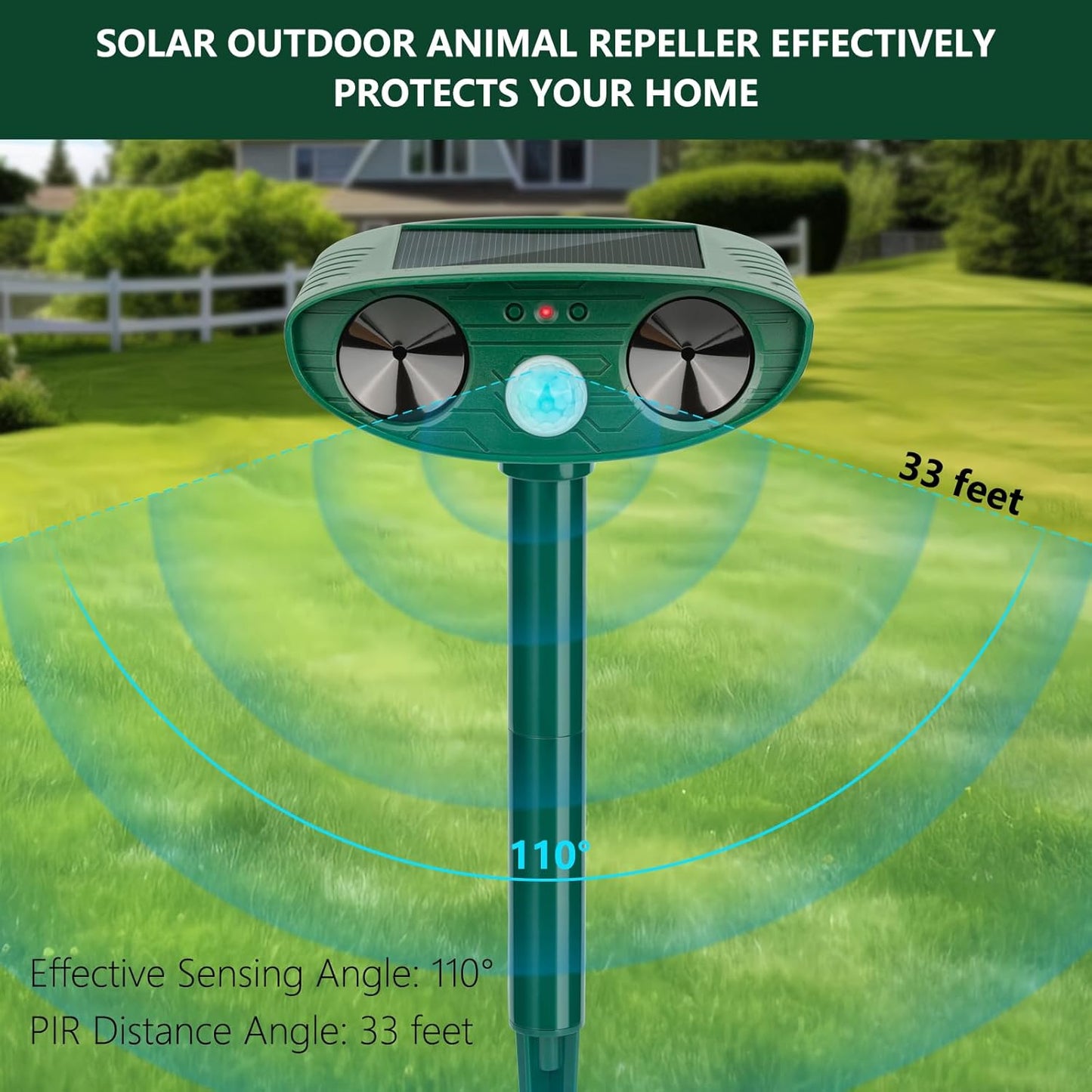 2024 Solar Ultrasonic Animal Repellent - 2 Pack Motion Sensor Device for Cats, Deer, Squirrels, Rabbits, Dogs, and Skunks