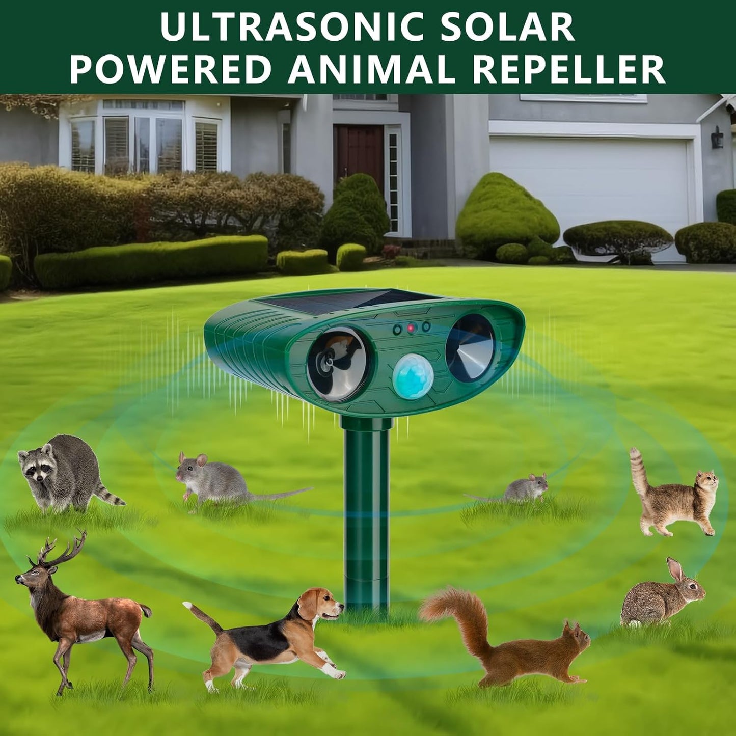 2024 Solar Ultrasonic Animal Repellent - 2 Pack Motion Sensor Device for Cats, Deer, Squirrels, Rabbits, Dogs, and Skunks