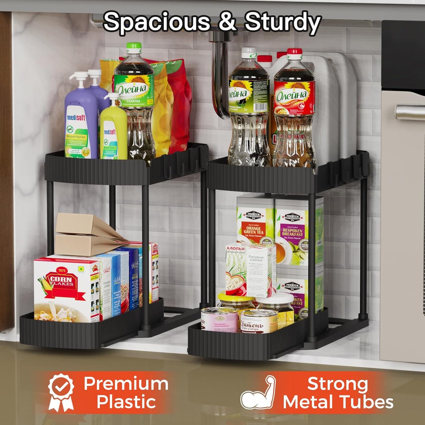 Maximize Your Space: 2 Pack Multi-Purpose Pull-Out Under Sink Organizers for Bathroom & Kitchen - 12.8 Inch Black Storage Solutions