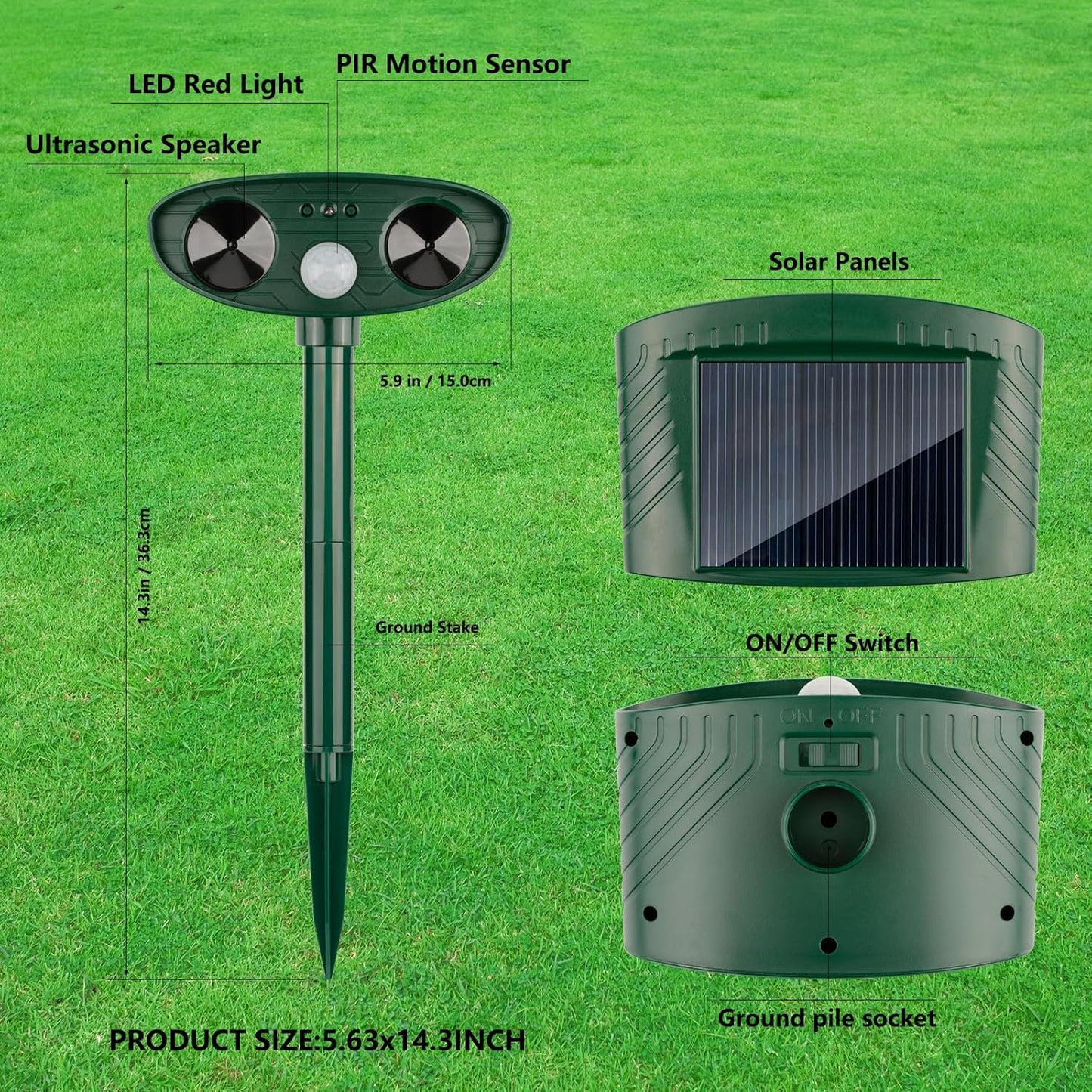 2024 Solar Ultrasonic Animal Repellent - 2 Pack Motion Sensor Device for Cats, Deer, Squirrels, Rabbits, Dogs, and Skunks