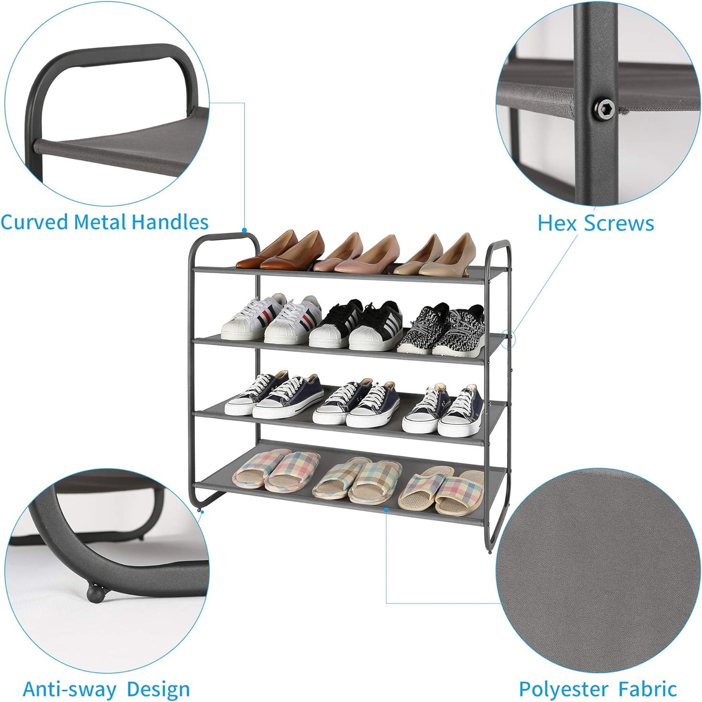 4 Tier Shoe Rack Storage Organinzer 4 Shelf Shoe Rack Organizer,Entrance Fabric Shoe Shelf Small for Closet Entryway Hallway Bedroom(Dark Grey)