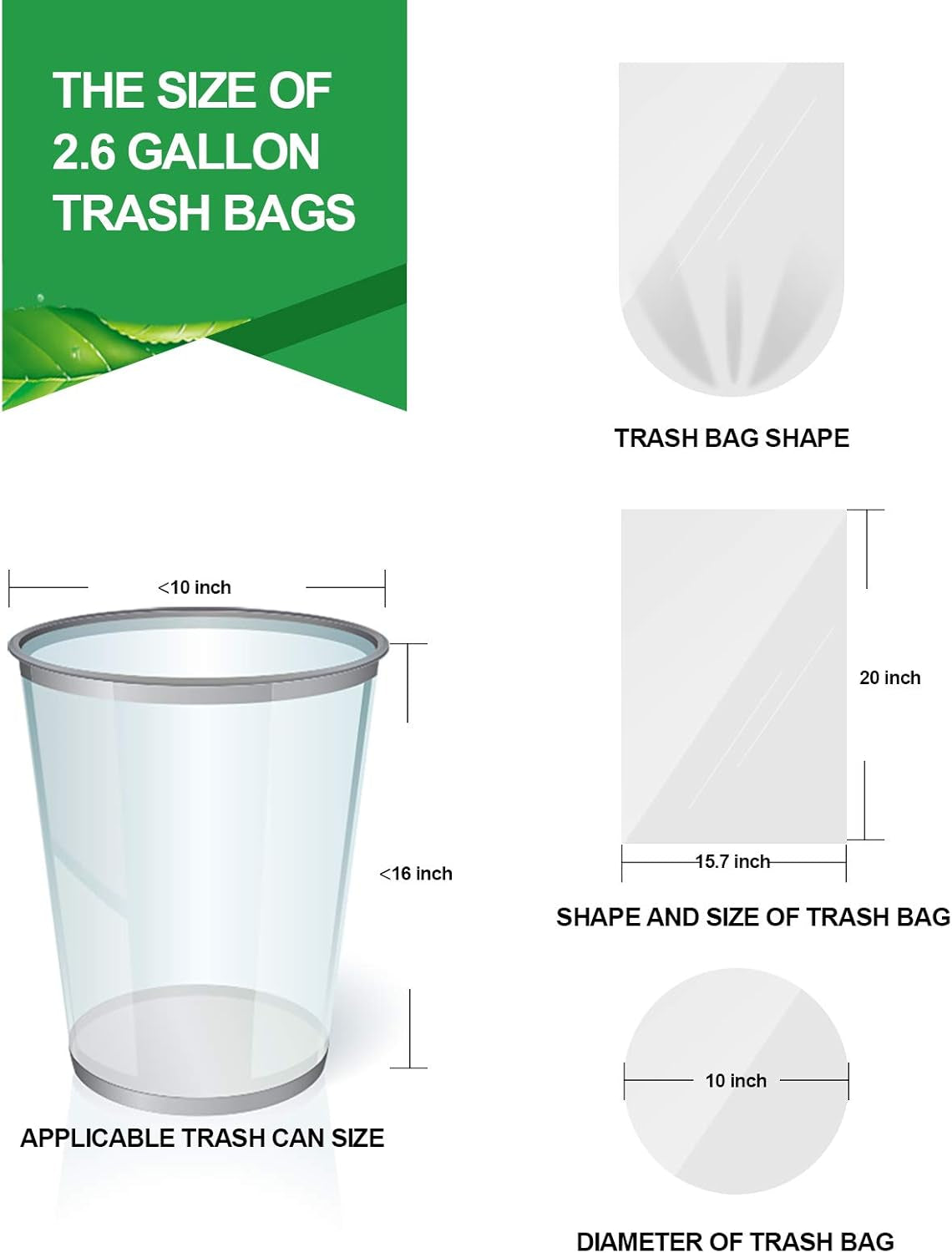 Clear Small Trash Bags 2.6 Gallon Garbage Bags Wastebasket Bin Liners 220 Count Plastic Trash Bags for Bathroom Bedroom Office Garbage Can 10 Liters - Durable & Thick Trash Bag