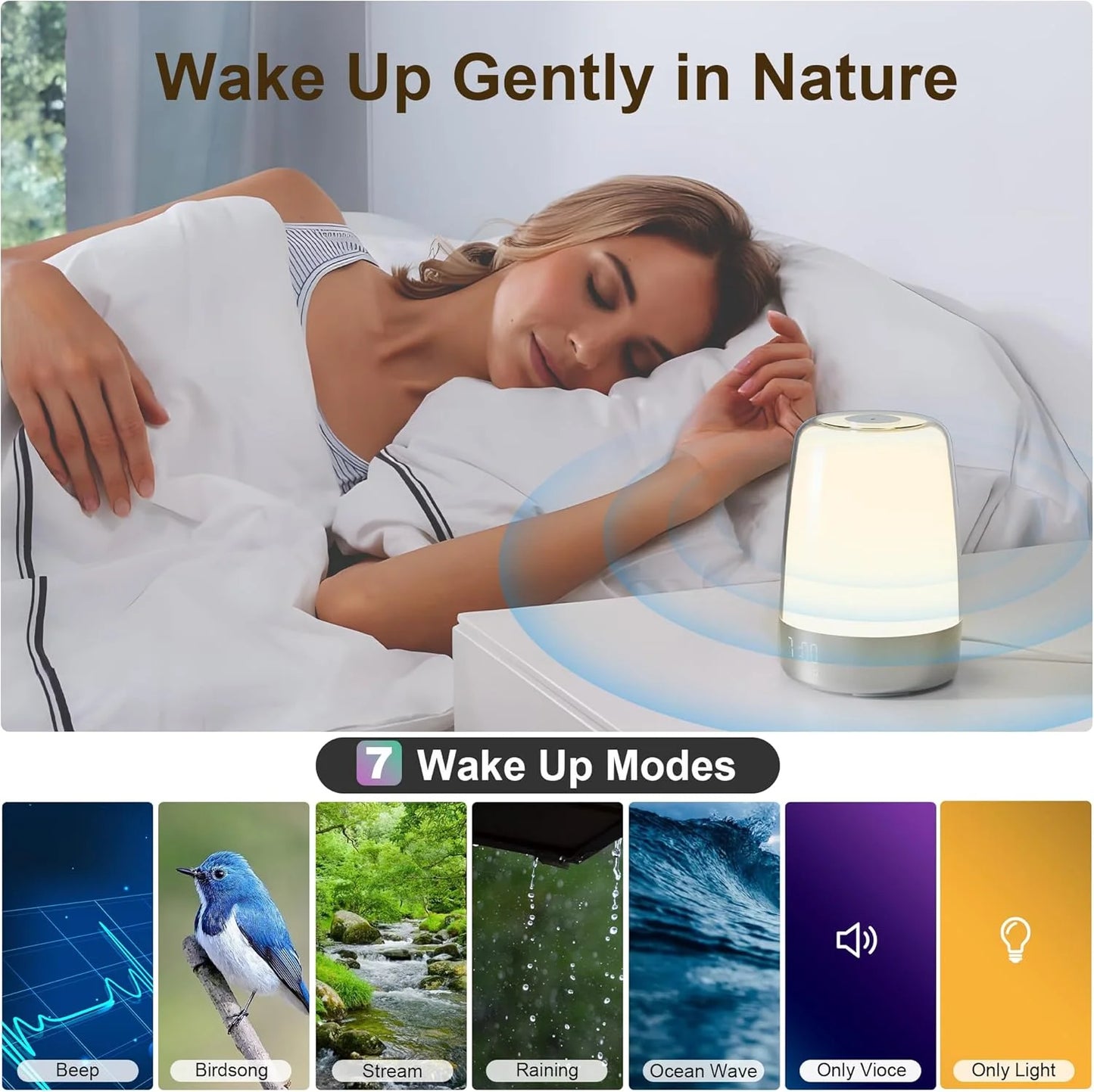 Sunrise Alarm Clock, Wake up Light Alarm Clock, 3 Ways Dimmable Modern Small Digital RGB Bedside Lamp for Heavy Sleeper