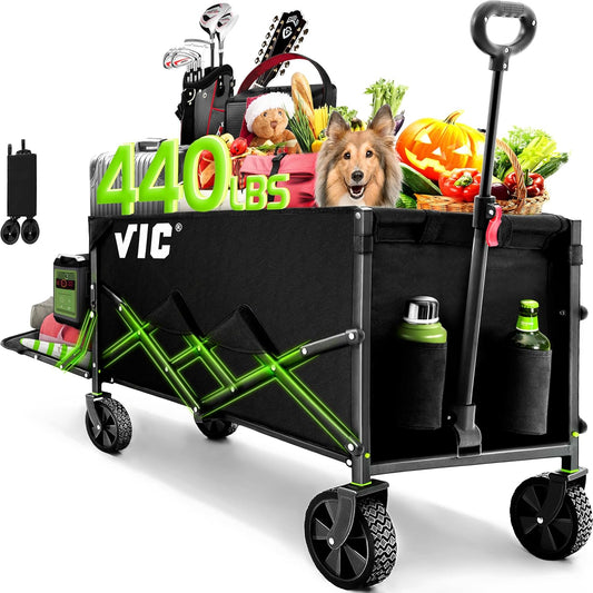 Collapsible Folding Wagon 180L - Heavy-Duty 440Lbs Extra Long Utility Cart with Side Pocket for Camping, Gardening, and Sports - V1Max