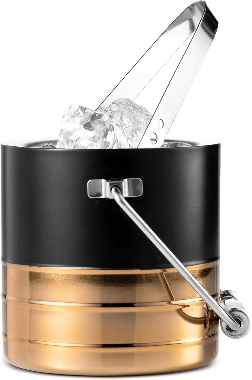 Doubled Walled Ice Bucket with Ice Tongs | Sleek Insulated Stainless Steel Ice Holder Will Keep Ice Cubes Frozen for Hours | Elegant Kitchen and Bar Accessories | 1.5L (Black/Copper)