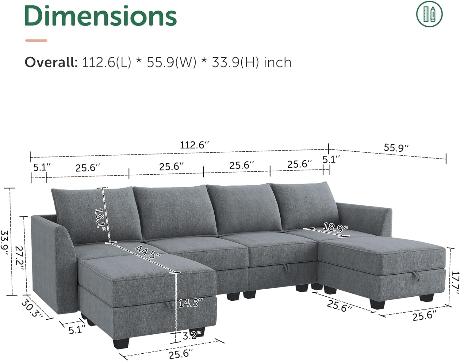 Modular Sectional Sofa U Shaped Sectional Couch with Reversible Chaise Modular Couch with Storage, Bluish Grey