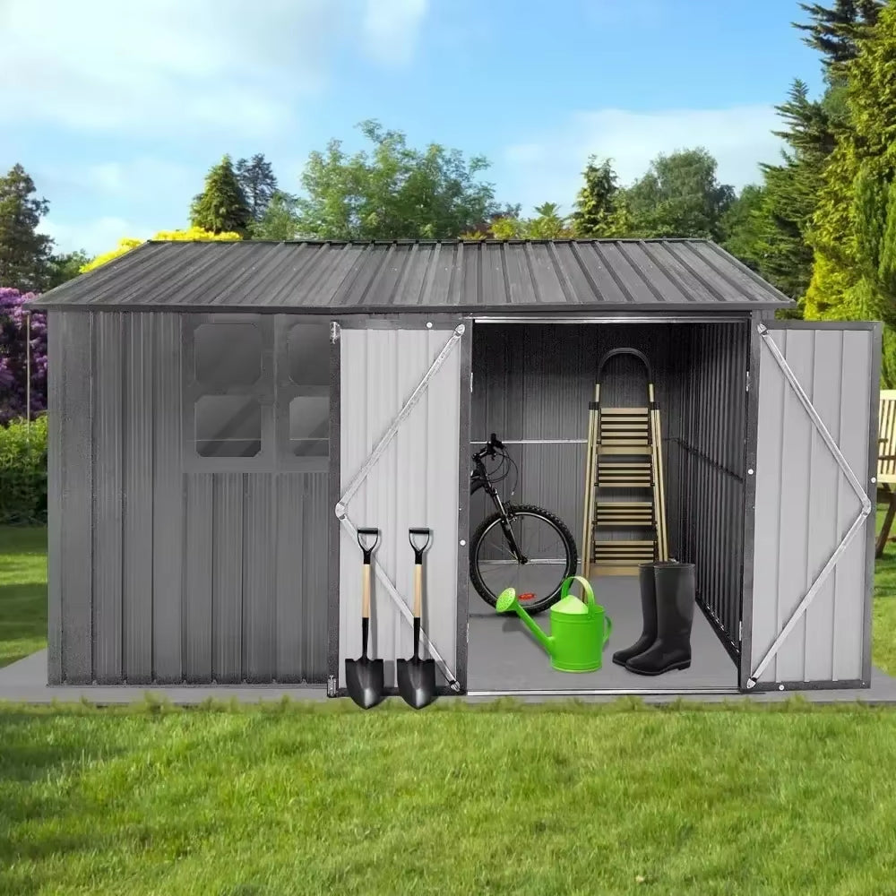 10 X 8FT Outdoor Storage Shed with Window, Hinged Lockable Door, Padlock & Punched Vents, Metal Shed Storage House