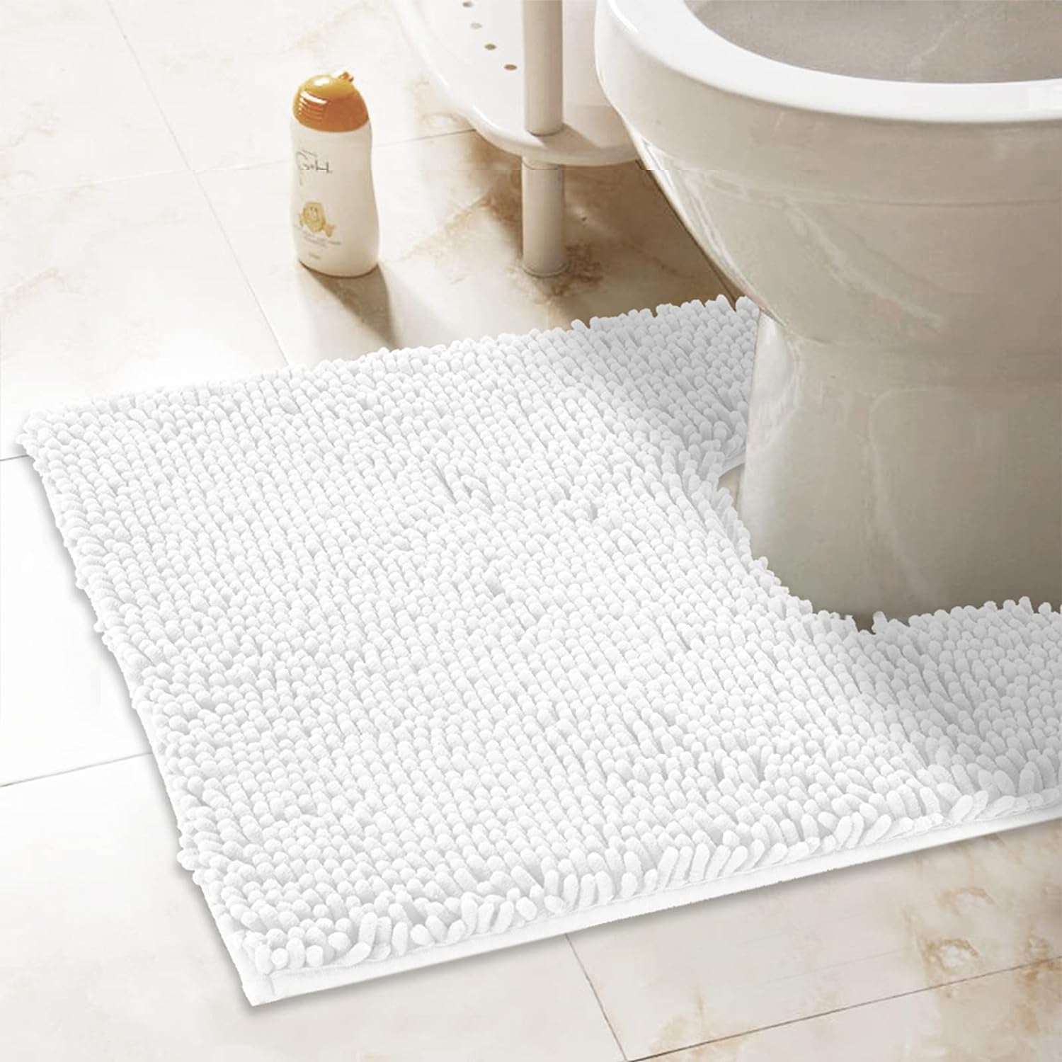 Non-Slip Shaggy Chenille Toilet Contour Bathroom Rug with Water Absorbent, 24 X 21 Inches U-Shaped White