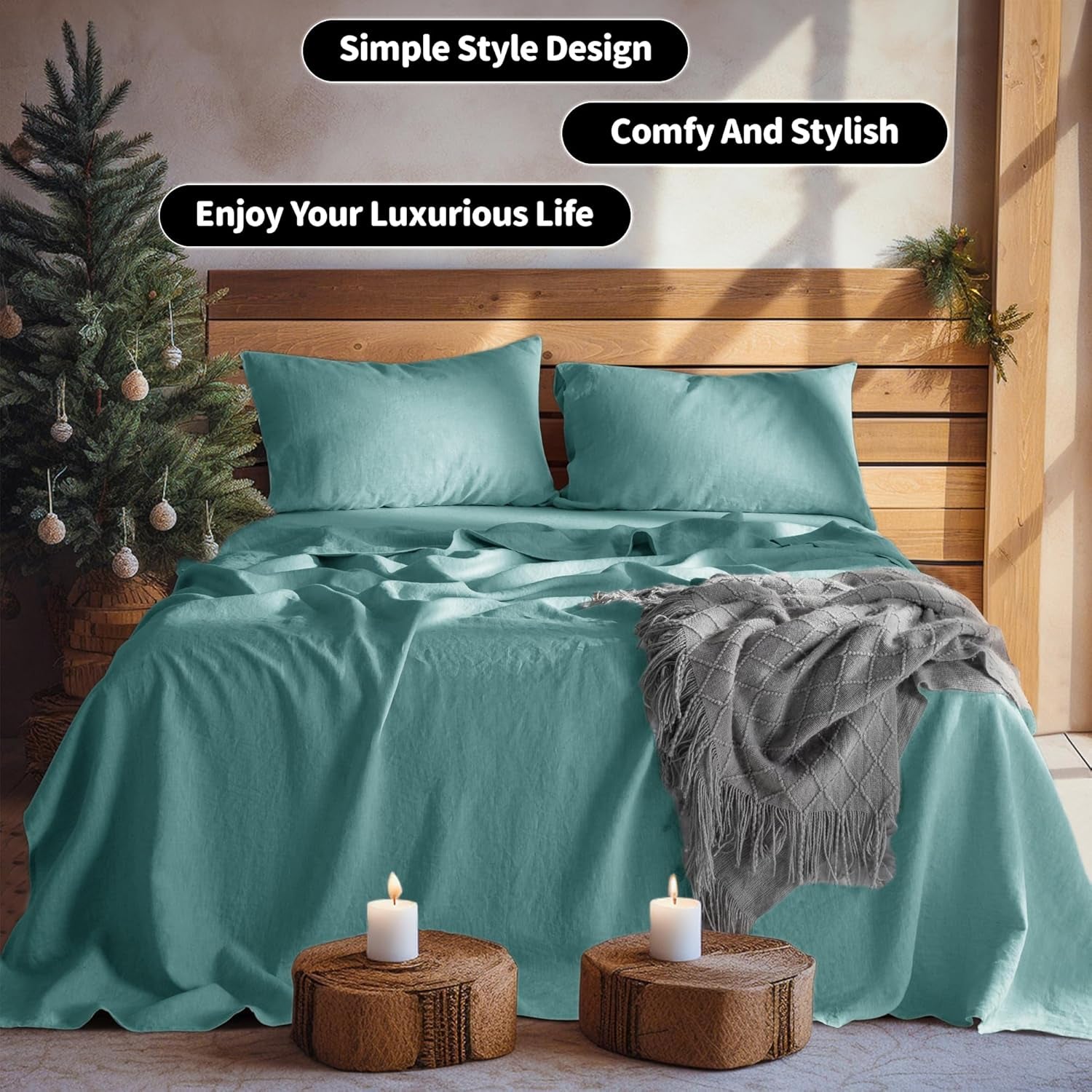 LBR02M 100% Linen Sheet Set Full Size,Bed Sheets 4 Piece Sets,Solid Color Natural Flax Bed Sheets Soft Breathable Bedding,16" Deep Pocket,All Season (Full, Aqua)