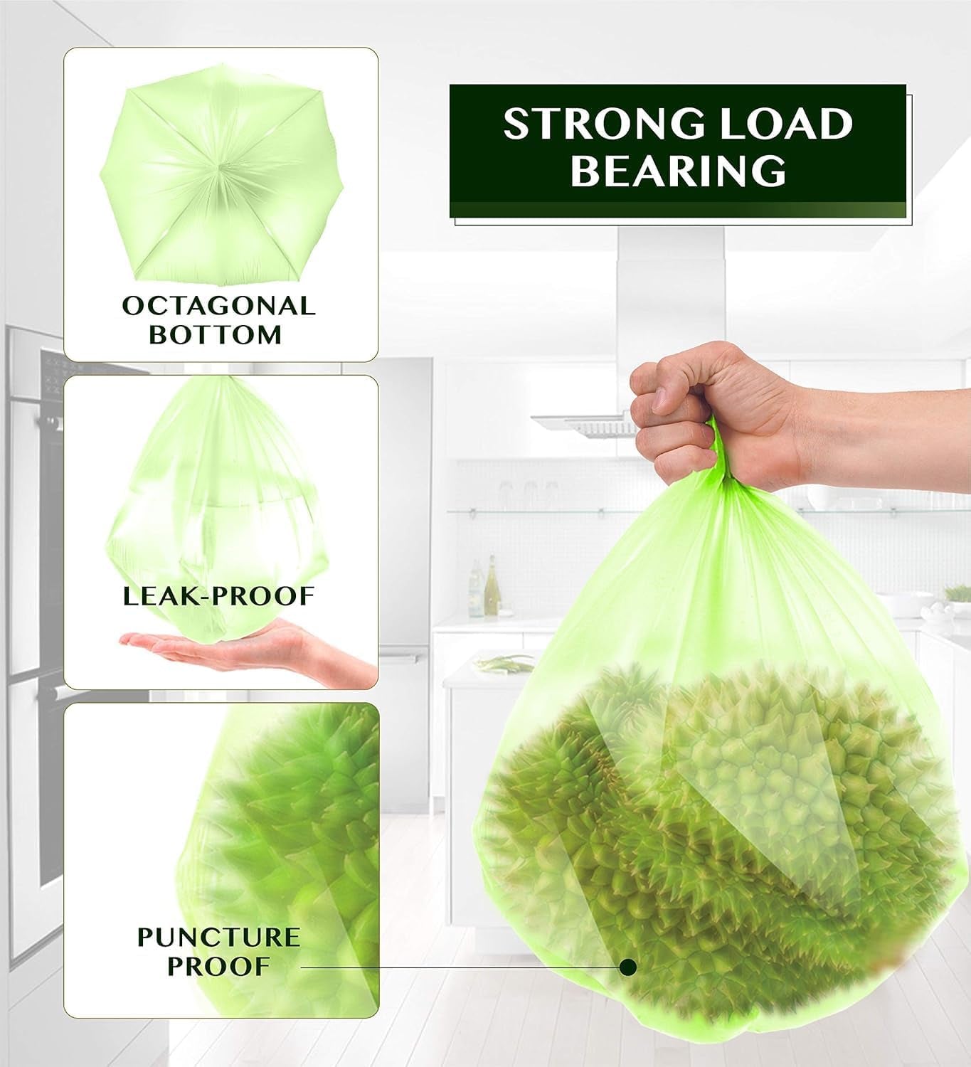 Compostable Trash Bags -  13 Gallon Tall Kitchen Garbage Bags 80 Count Unscented Trash Can Liners 55 Liter Medium Wastebasket Bags for Bathroom Home Bedroom Office Garbage Can (5Rolls/Green)