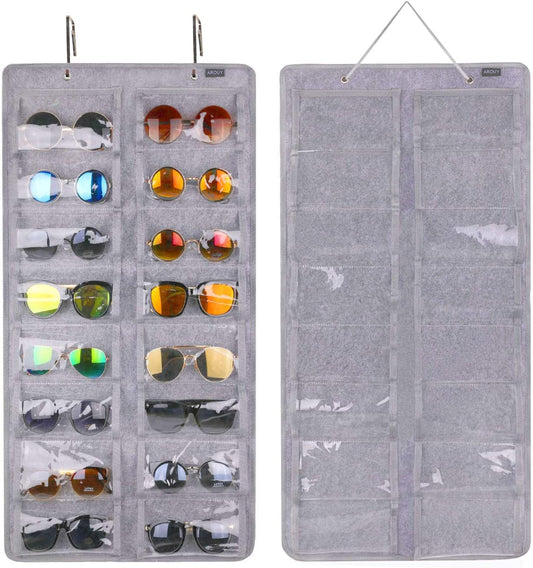 Sunglasses Organizer Storage, Hanging Dust Proof Wall Pocket Glasses Organizer - 16 Felt Slots Sunglass Organizer Holder with Metal Hook and Sturdy Rope (Gray, Dust Proof)