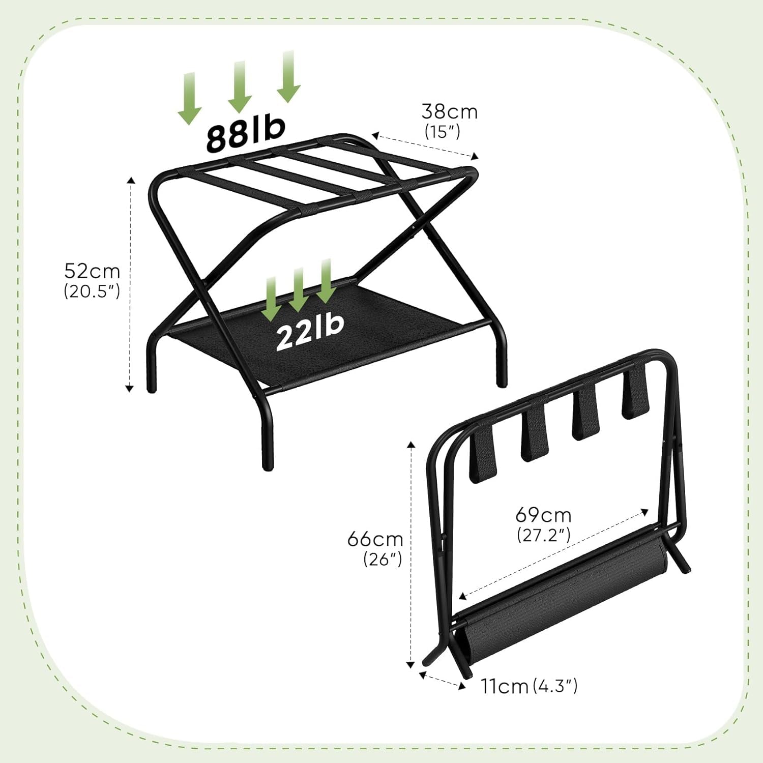 Luggage Racks Pack of 2, Suitcase Stand Folding with Shoe Shelf, Steel Luggage Stand for Guest Room, Bedroom, Hotel, Airbnb, Black