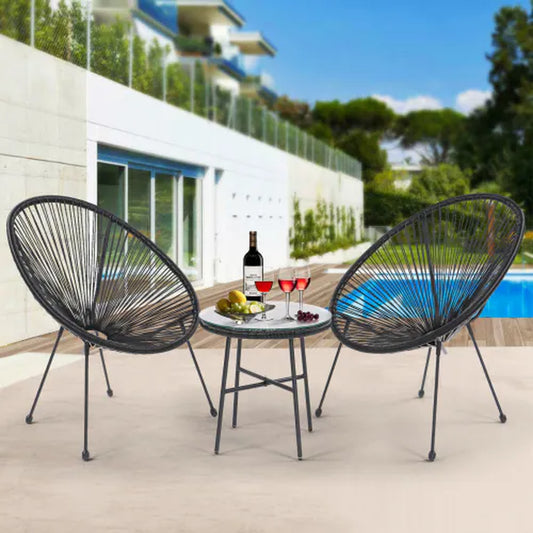 3 Piece Terrace Bistro Conversation Set with Side Table, Outdoor Flexible Rope Furniture with Coffee Table