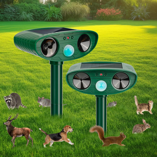 2024 Solar Ultrasonic Animal Repellent - 2 Pack Motion Sensor Device for Cats, Deer, Squirrels, Rabbits, Dogs, and Skunks