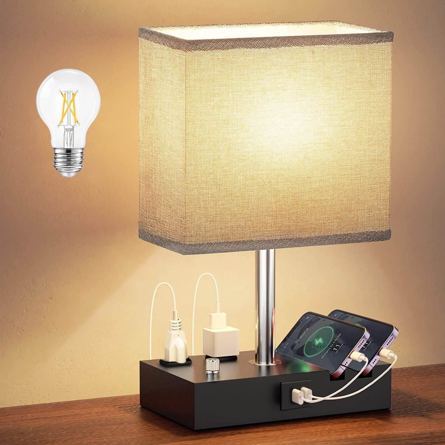 Fully Dimmable Table Lamp, Lamp for Bedroom 2 USB Ports, Bedside Lamps with 2 AC Outlet and Phone Slots, Small Table Lamp for Living Room, Grey Nightstand Lamp for Reading, LED Bulb Included