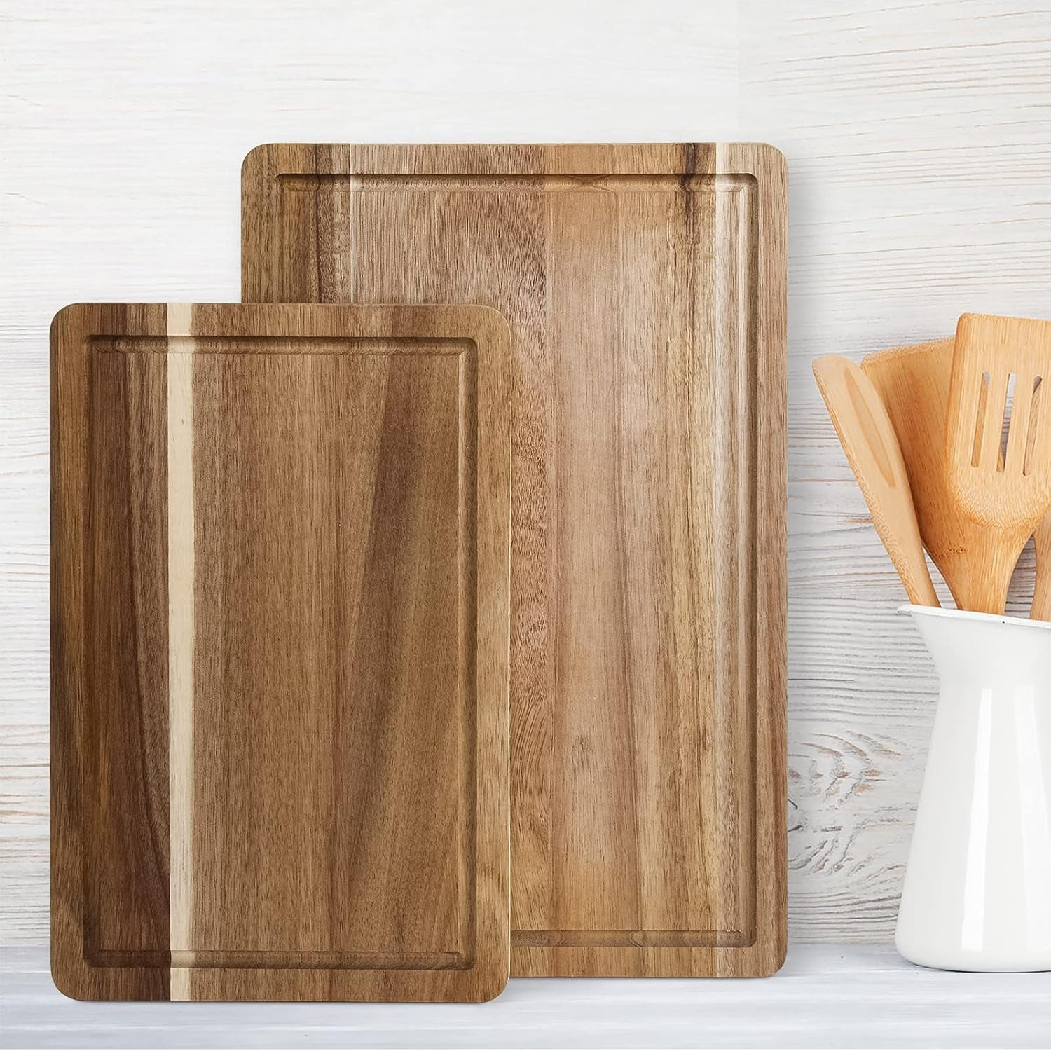 Acacia Wood Cutting Board with Juice Groove & Handles(2 Piece Set), Reversible Chopping Board for Meat(Butcher Block), Vegetables, Fruits, Bread, Cheese