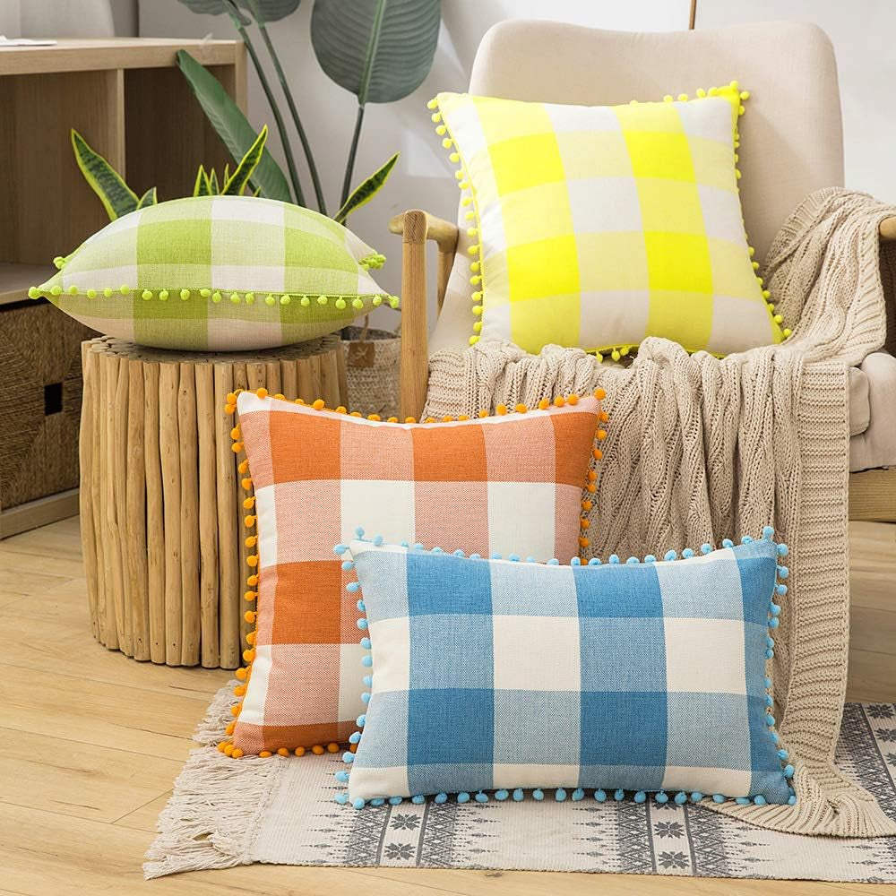 Set of 2 Fall Throw Pillow Covers 18X18 Inch Buffalo Plaid Check Pillow Covers with Pom-Poms Decorative Couch Throw Pillows Farmhouse Cushion Cases for Sofa Orange and White