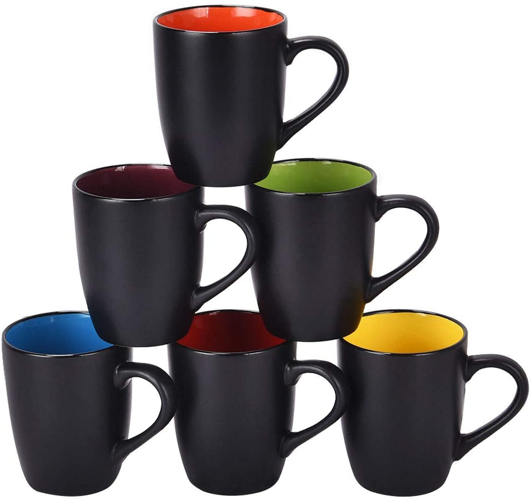 Set of 6 Coffee Mug Sets, 16 Ounce Ceramic Coffee Mugs Restaurant Coffee Mug, Large-Sized Black Coffee Mugs Set Perfect for Coffee, Cappuccino, Tea, Cocoa, Cereal, Black outside and Colorful Inside