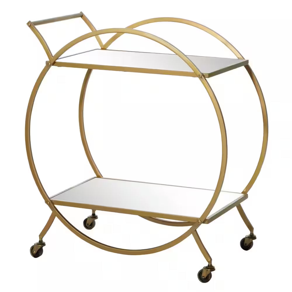 30 In. H Gold Rolling 2 Mirrored Shelves Bar Cart with Wheels and Handle