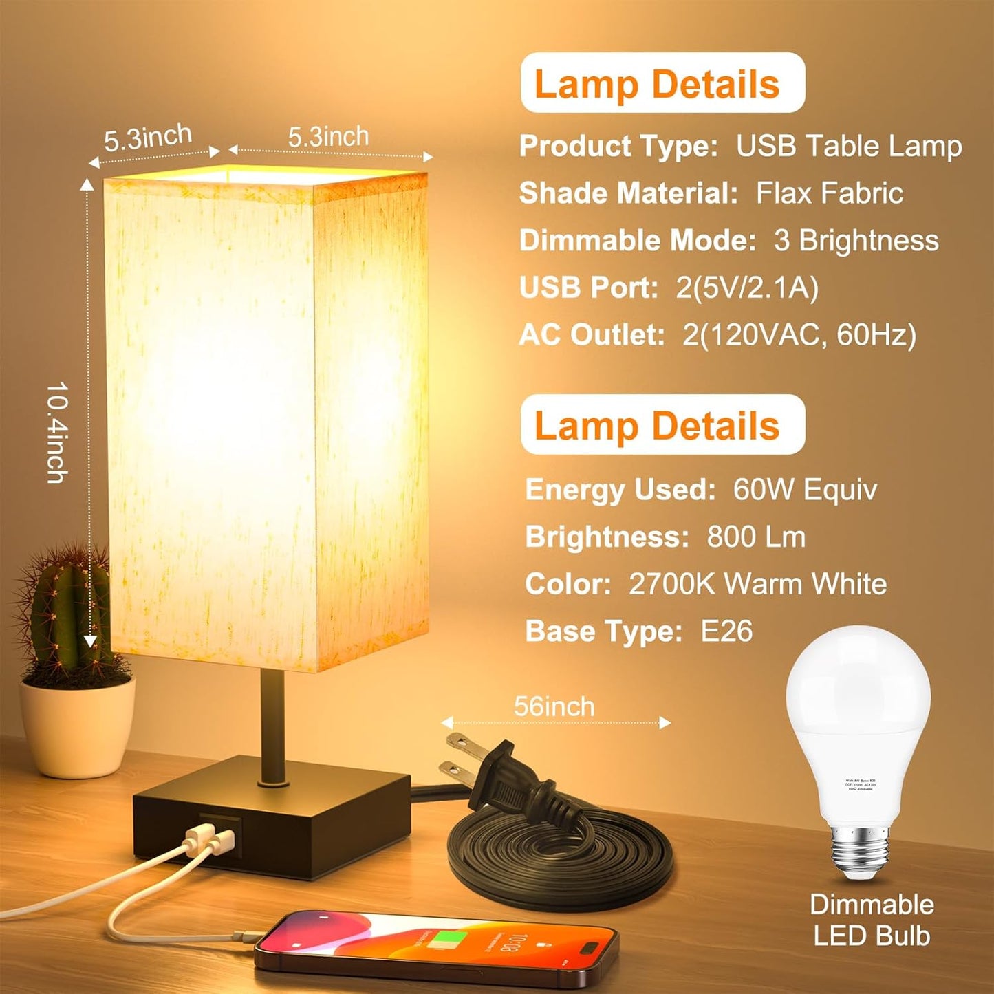 Bedside Lamp, Touch Control Table Lamp for Bedroom, Small Nightstand Lamp with 3 Way Dimmable, USB-C + a Ports for Bedroom, Home Decor, Living Room, LED Bulbs Included, Upgraded Fabric Shade