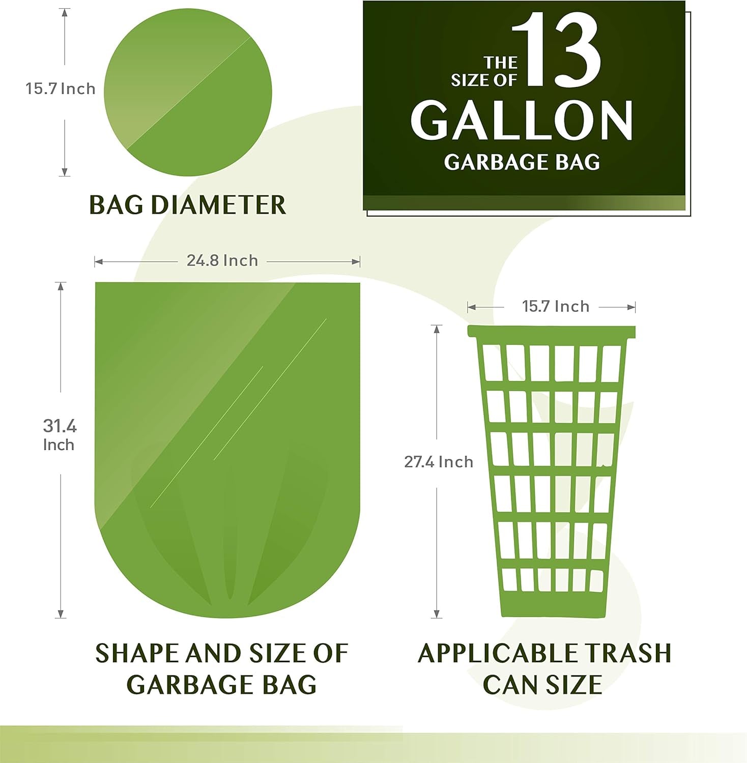 Compostable Trash Bags -  13 Gallon Tall Kitchen Garbage Bags 80 Count Unscented Trash Can Liners 55 Liter Medium Wastebasket Bags for Bathroom Home Bedroom Office Garbage Can (5Rolls/Green)