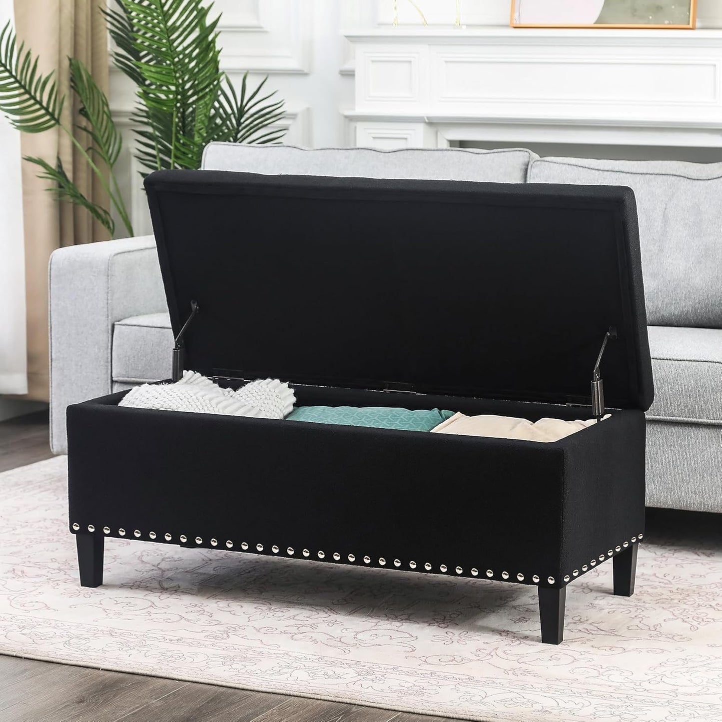 41 Inch Storage Ottoman Bench, Cotton Linen Rectangle Tufted Long Foot Stool for Bedroom, End Foot of Bed, Black