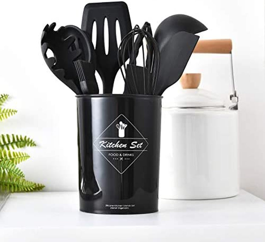 Silicone Kitchen Utensil Set, Heat-Resistant Non-Stick Silicone Cooking Gadgets Tools (Black Holder)