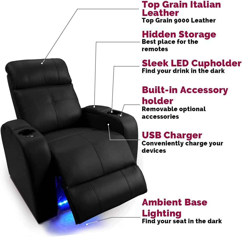 Valencia Verona Home Theater Seating | Premium Top Grain Italian 9000 Leather, Power Recliner, LED Lighting (Row of 2, Black)