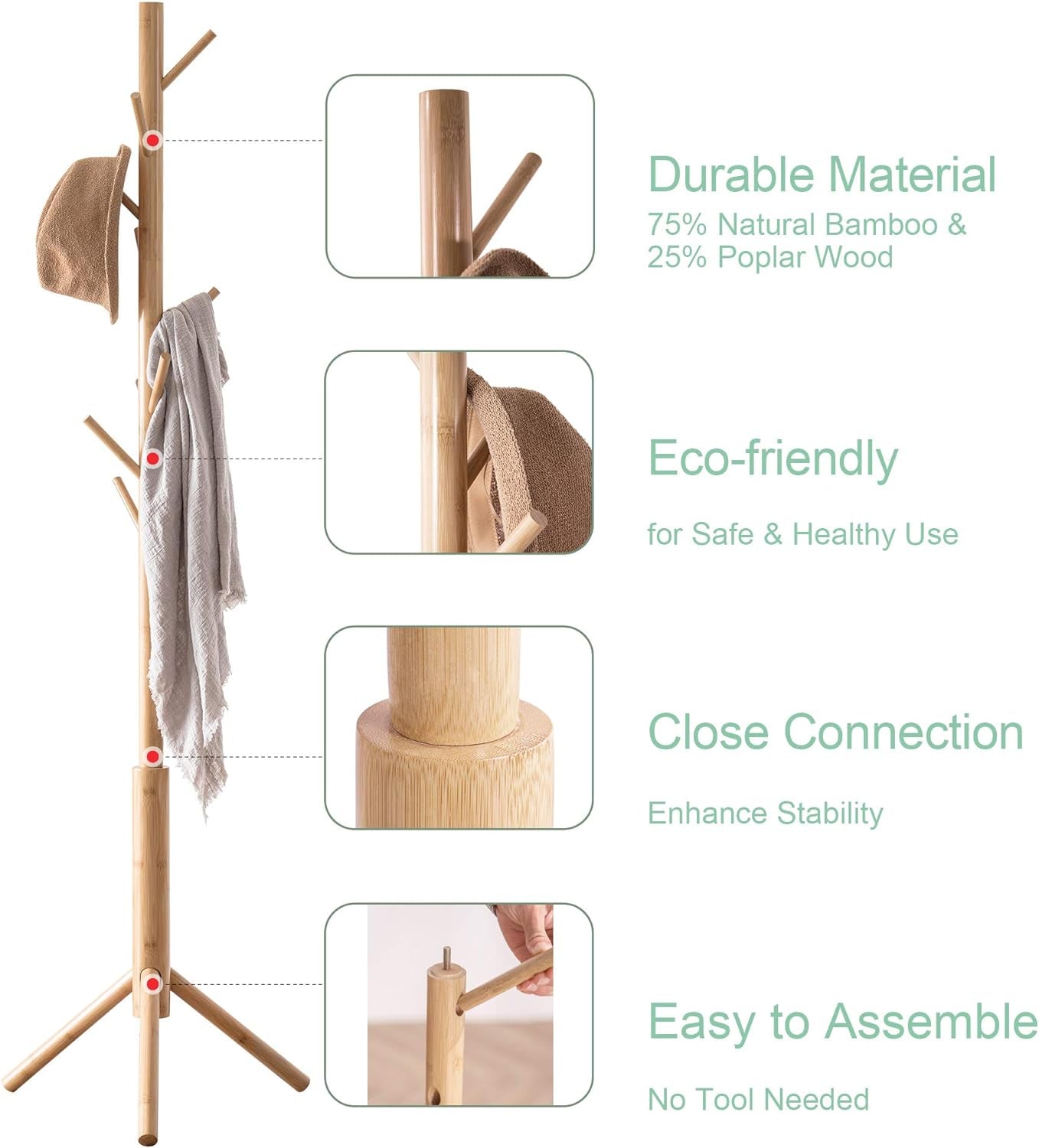 Bamboo Coat Rack Freestanding Adjustable Coat Tree with 3 Sections & 8 Hooks Easy to Assemble Coat Hanger Stand for Bedroom Office Hallway Entryway Bedroom Natural Wooden Natural Coat Rack