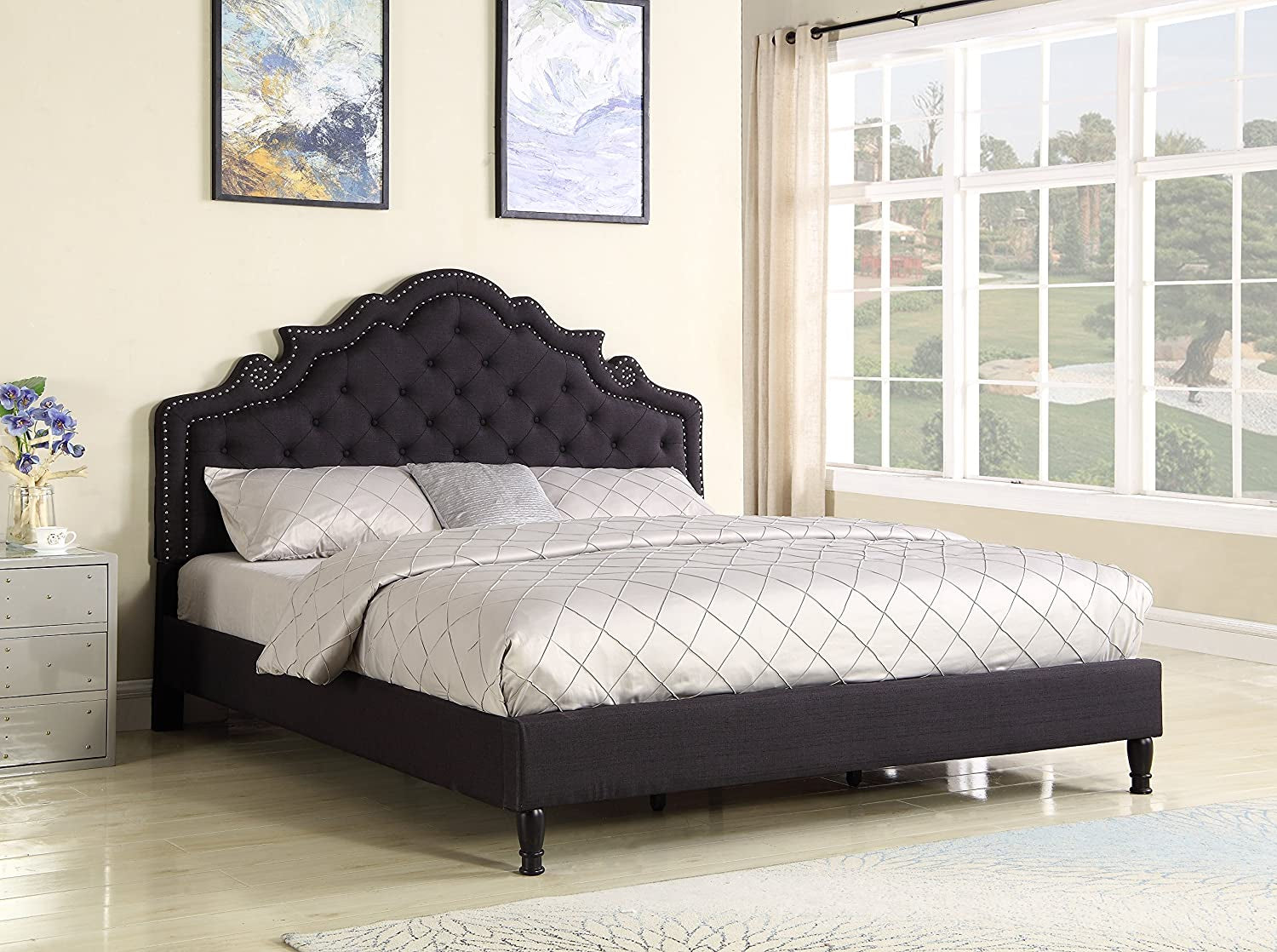 Premiere Classics 51" Tall Platform Bed with Cloth Headboard and Slats - King (Black Linen)