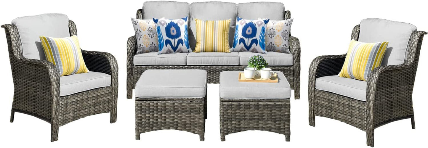 Modern Grey Rectangular Patio Furniture Set, Outdoor Rattan Furniture