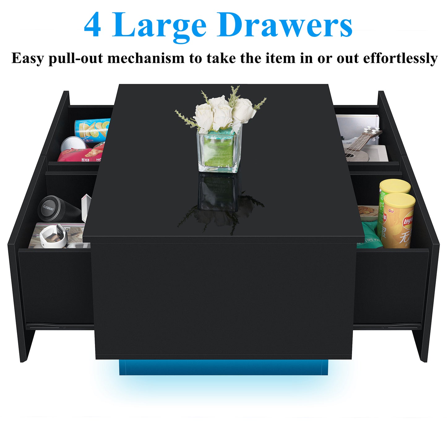 LED Coffee Table with 4 Drawers Modern Center Cocktail End Side Table Black High Gloss Finish for Living Room