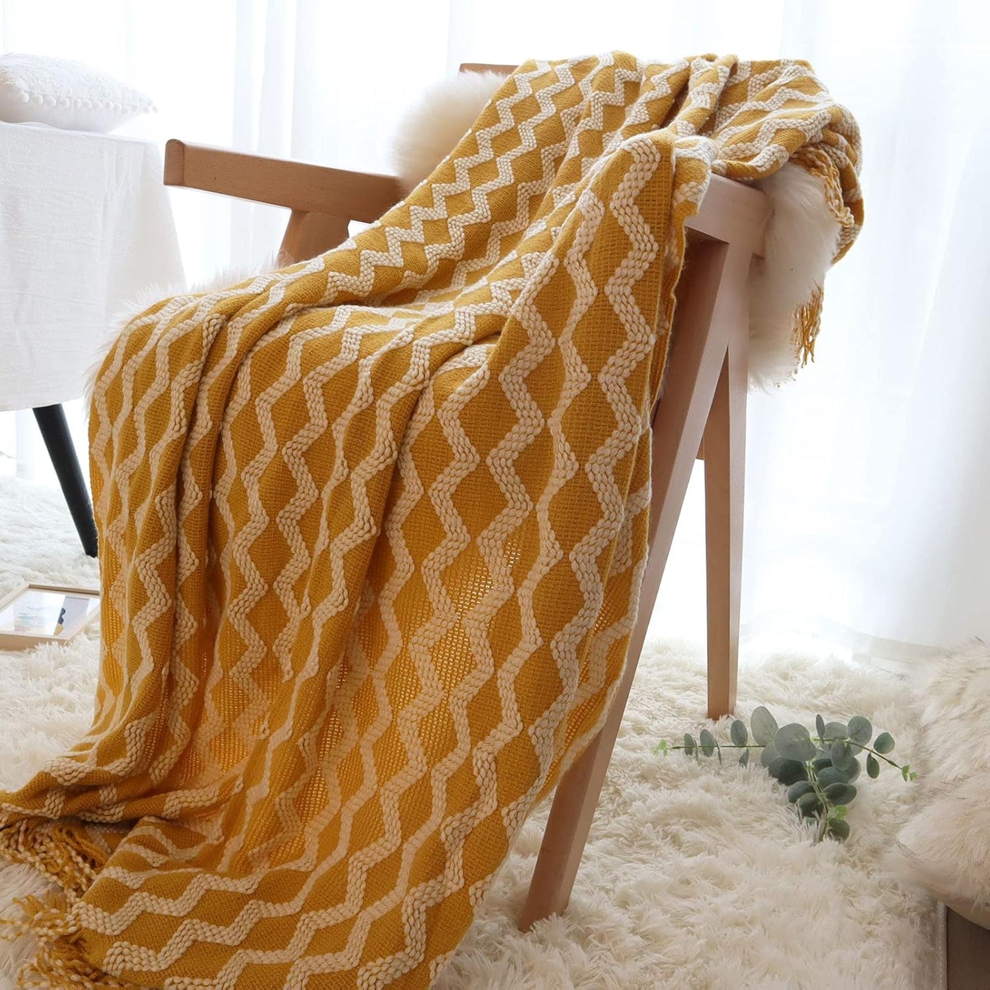 Throw Blanket for Couch, Decorative Knit Woven Knitted Throw Blankets for Sofa Bed Living Room Travel, 50 X 68 Inches, Yellow