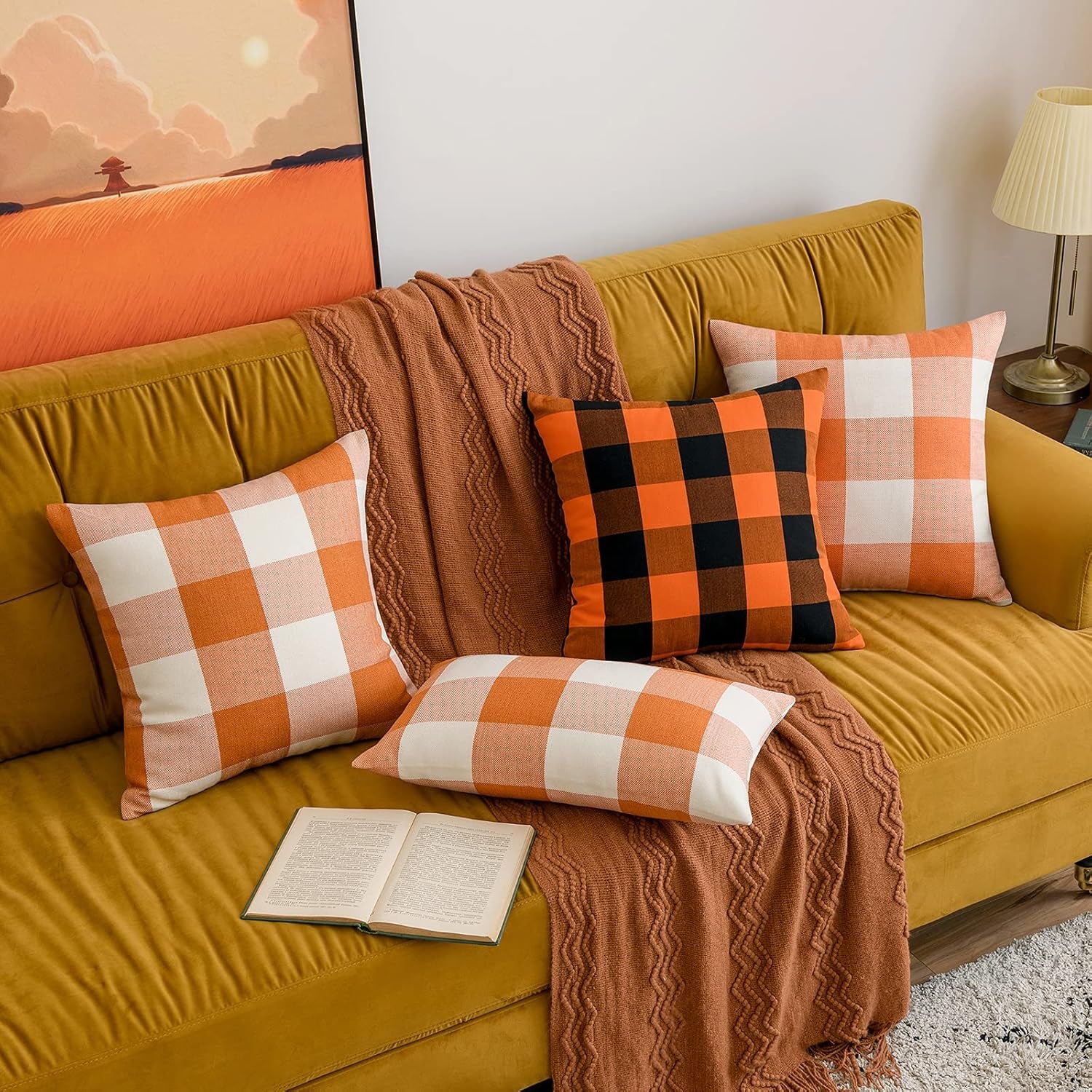 Set of 2 Fall Throw Pillow Covers 18X18 Inch Buffalo Plaid Check Pillow Covers with Pom-Poms Decorative Couch Throw Pillows Farmhouse Cushion Cases for Sofa Orange and White