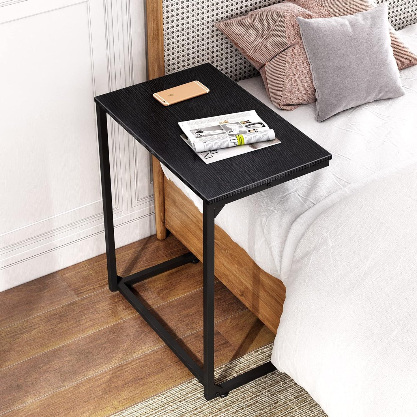 Black Side Table, C Shaped End Table for Couch, Small Sofa Table That Slide under for Living Room, Bedroom, Home Office, 14.6 X 22.8 X 26.2 Inches, Black