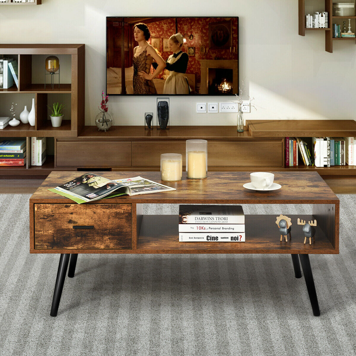 Retro Coffee Table Mid Century Modern Living Room Furniture W/Open Storage Shelf