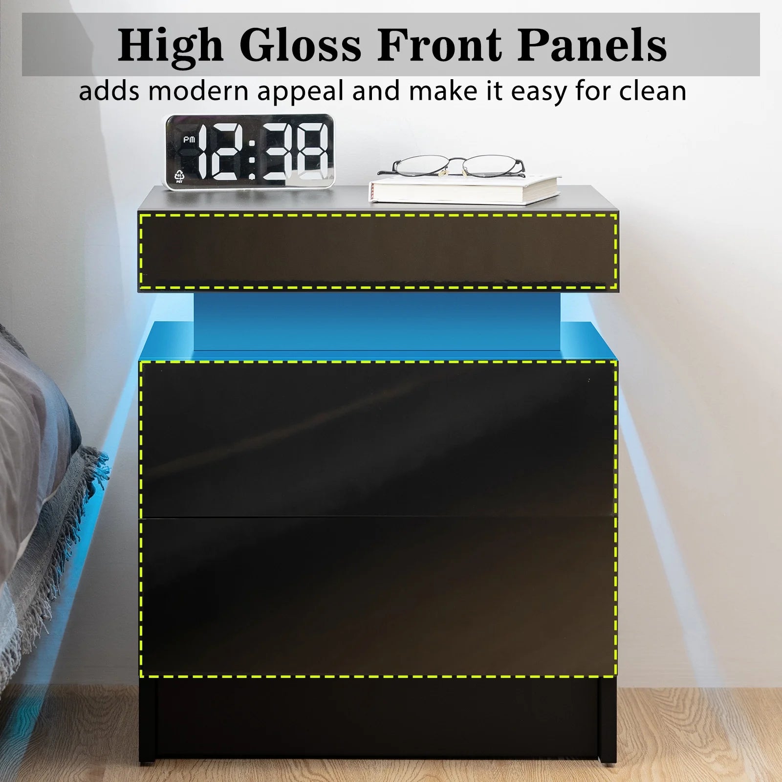 High Gloss LED Nightstand Set of 2 Black Bedside Table with 2 Drawers Modern Night Stand with Drawer Side Table Cabinet with Led Night Stands for Bedroom Side Table for Bed Home Furniture