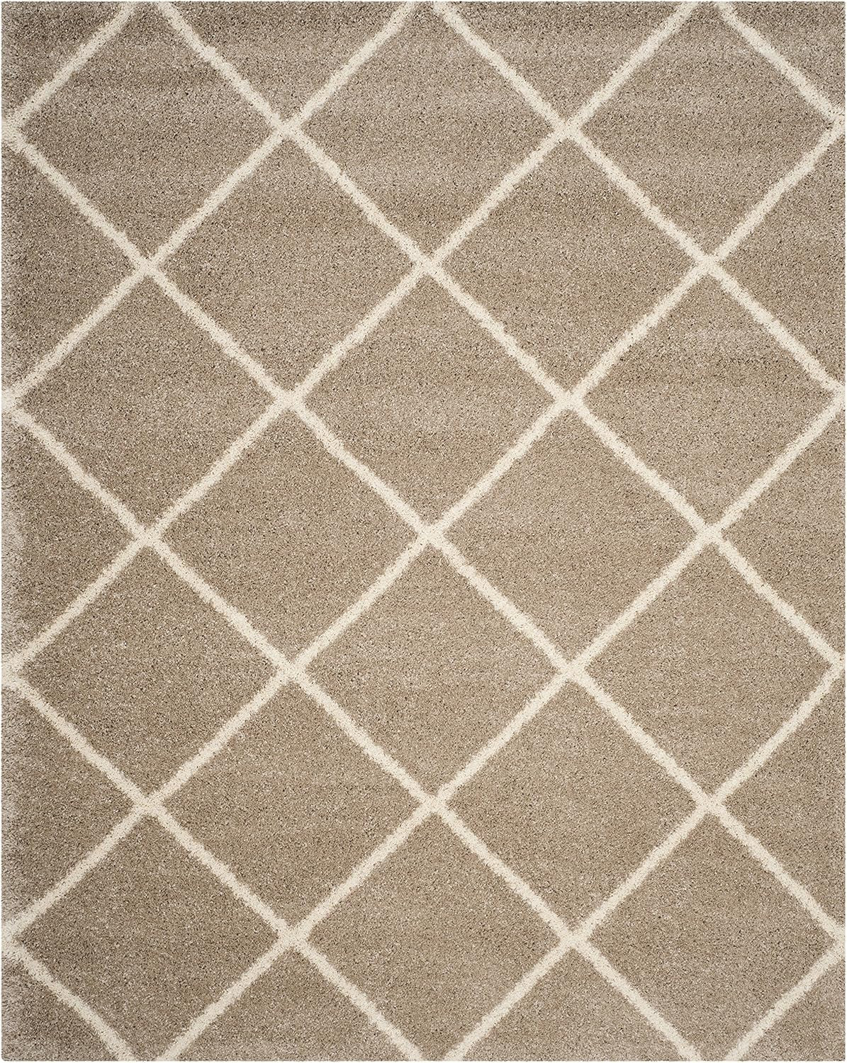 Hudson Shag Collection Area Rug - 7' Square, Beige & Ivory, Modern Trellis Design, Non-Shedding & Easy Care, 2-Inch Thick Ideal for High Traffic Areas in Living Room, Bedroom (SGH281S)