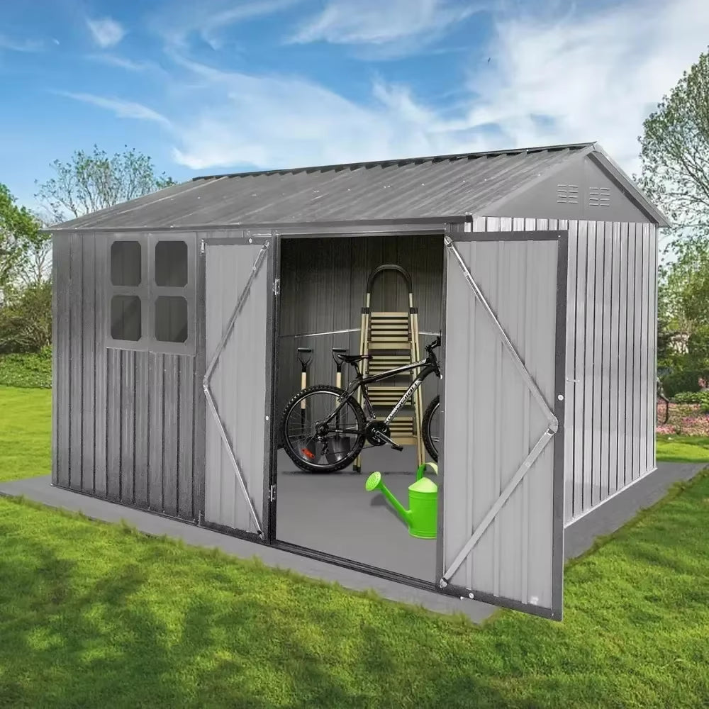 10 X 8FT Outdoor Storage Shed with Window, Hinged Lockable Door, Padlock & Punched Vents, Metal Shed Storage House