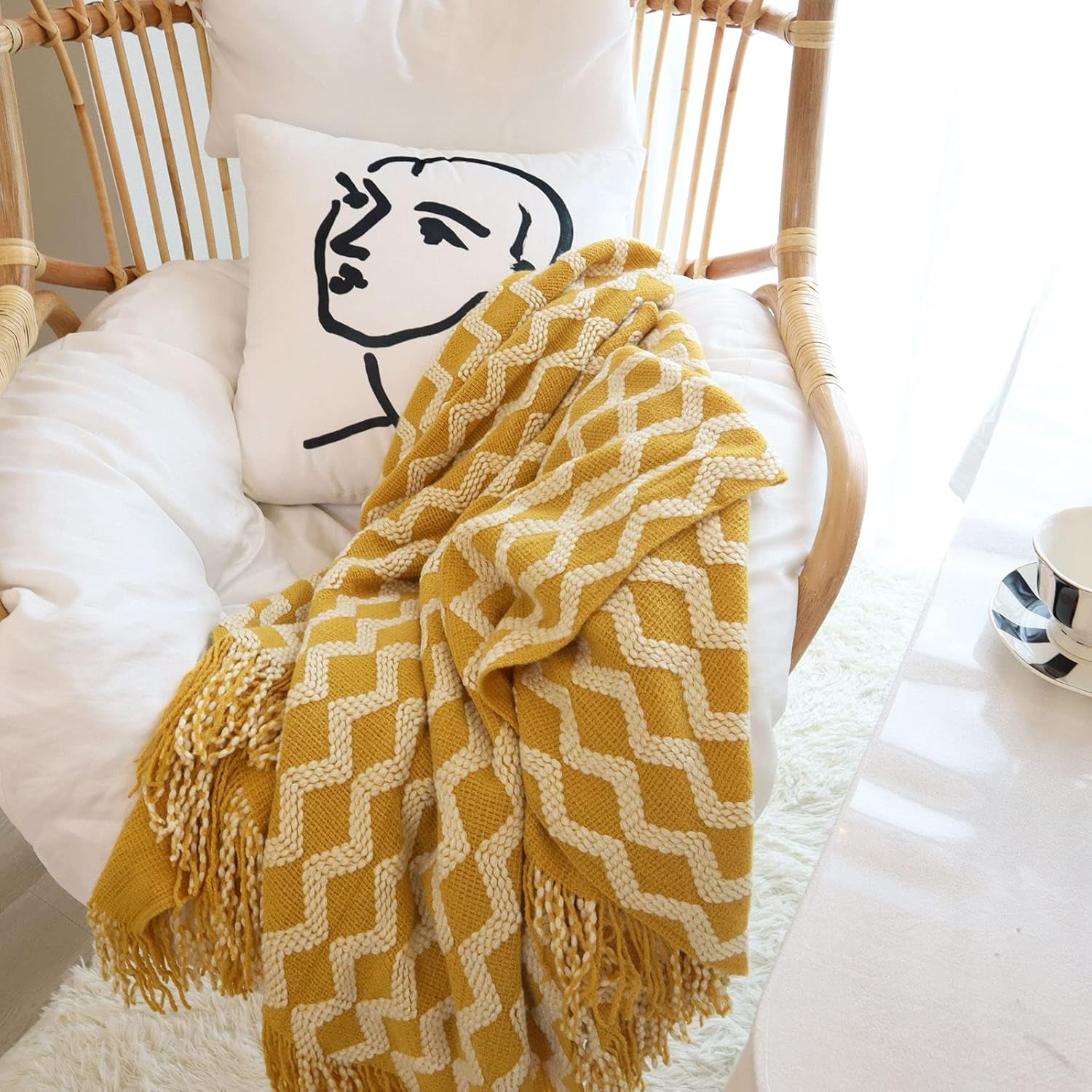 Throw Blanket for Couch, Decorative Knit Woven Knitted Throw Blankets for Sofa Bed Living Room Travel, 50 X 68 Inches, Yellow