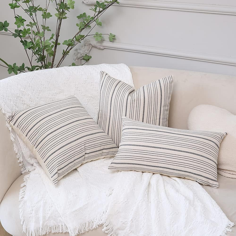 Grey and Beige Farmhouse Throw Pillow Covers 18 X 18 Inch Set of 2 Stripe Textured Linen Modern Boho Decorative Pillow Case for Couch Sofa Chair Bedroom Square,Grey