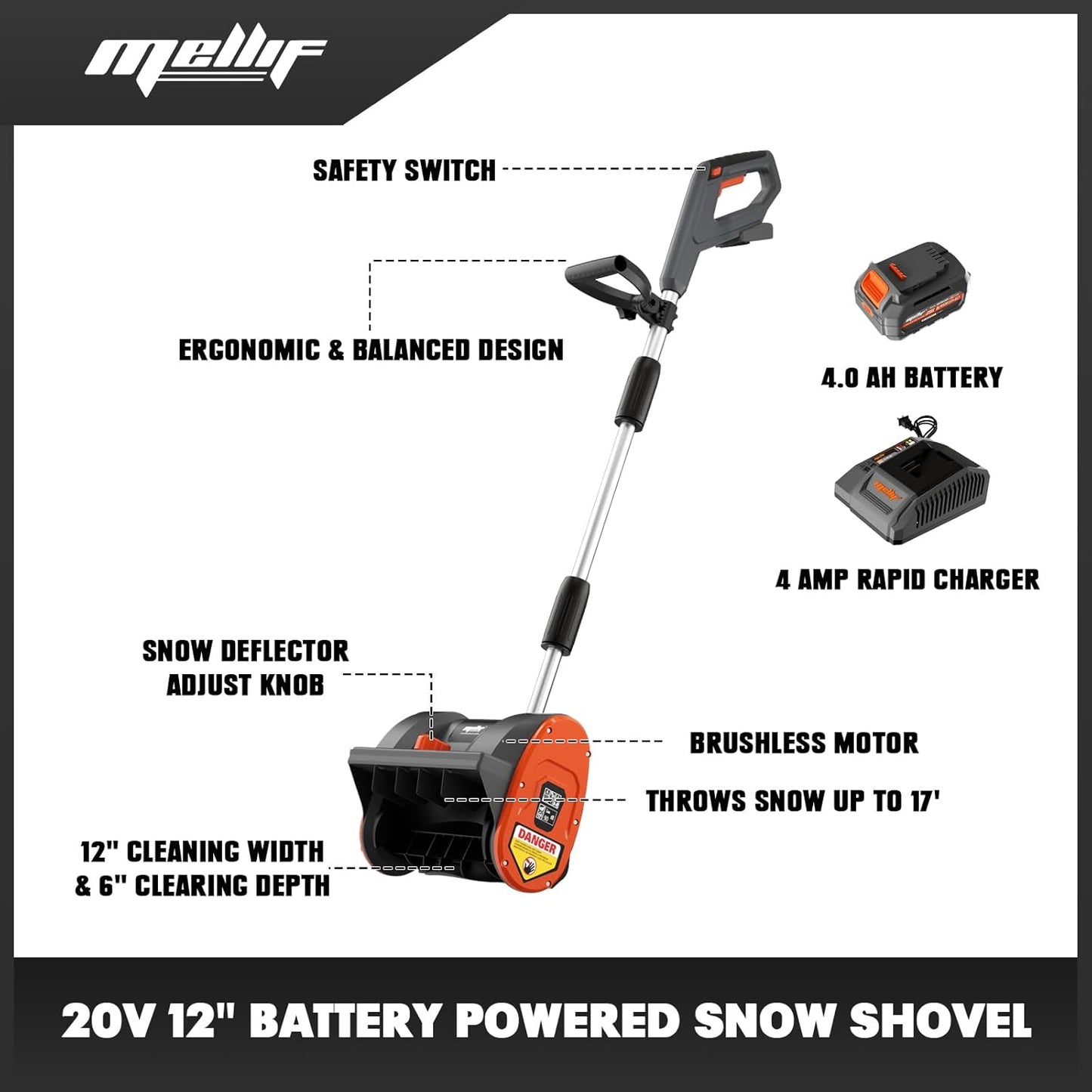 Powerful Brushless Cordless Snow Shovel - 12" Clear Width, 17' Throw Distance, Compatible with Dewalt 20V Max Battery & Charger Kit