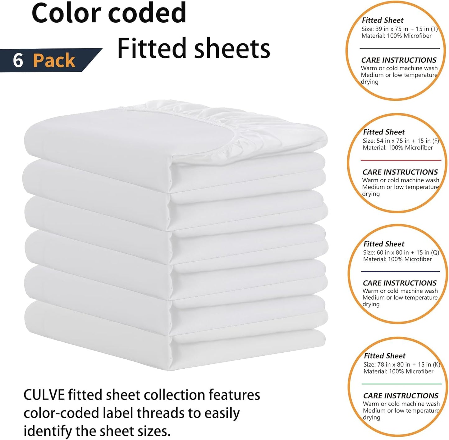 Soft Brushed Microfiber Twin Fitted Sheets - 6 Pack Bulk Bottom Sheets with Color-Coded Labels for Home, Hotel & Airbnb - White Bedding Essentials