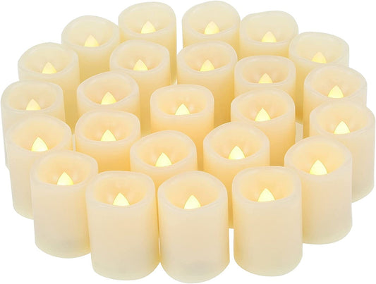 Battery Operated Flameless Votive Candles Realistic Flickering Fake Electric LED Tea Lights Set Bulk Wedding Party Halloween Christmas Decorations Table Centerpieces Batteries Incl 24PCS