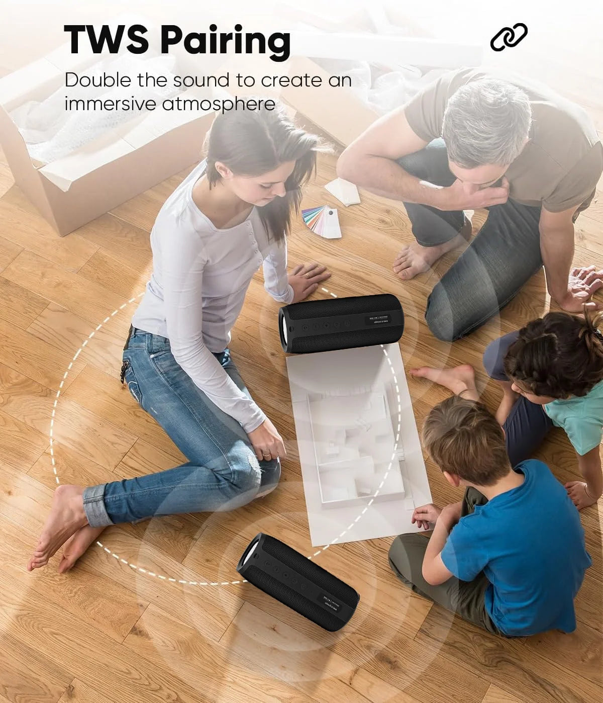 Portable Waterproof Wireless Bluetooth Speaker with 24W Loud Stereo Sound, 30H Playtime, TWS Pairing, Black