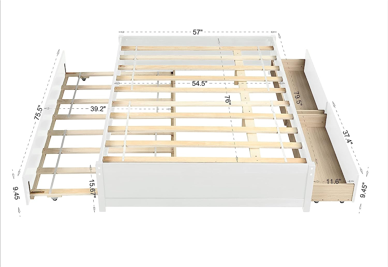 Full Size Platform Bed, Wood Full Bed Frame with Trundle and Drawers, Slats Support, No Box Spring Needed, White