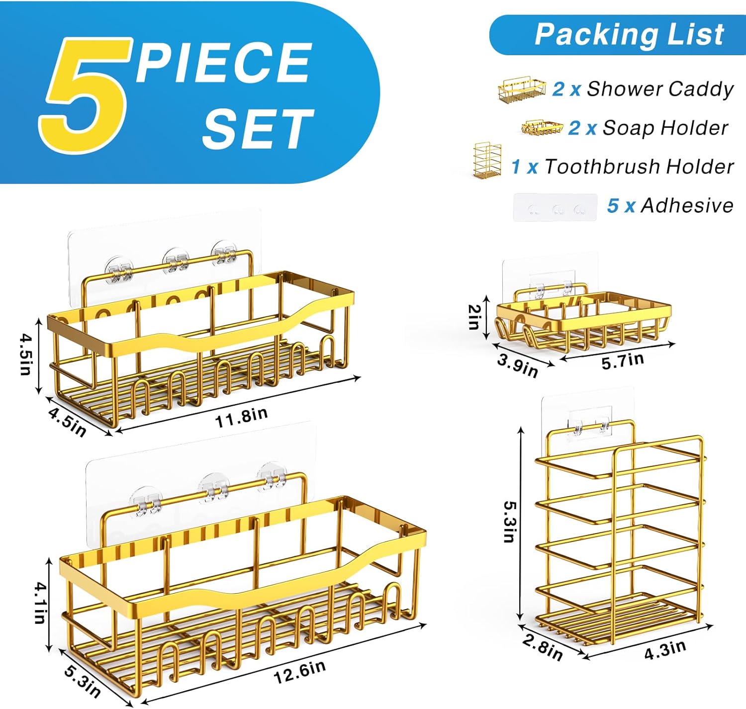 5-Pack Adhesive Shower Caddy - No Drilling, Rustproof Stainless Steel Bathroom Organizer with Large Capacity for Home and Kitchen Storage