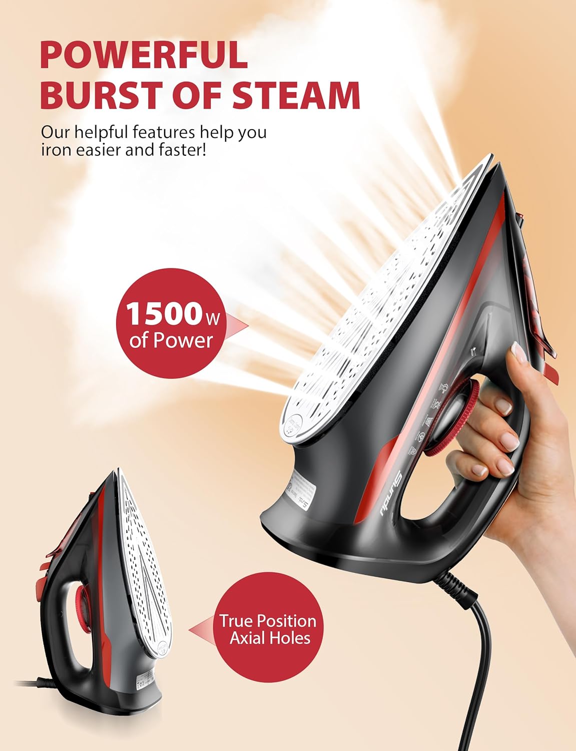 Powerful 1500W Steam Iron, Self-Cleaning with Rapid Heating Ceramic Soleplate, Precise Thermostat, & Auto-Off Features - Perfect for Effortless Home Ironing, Red