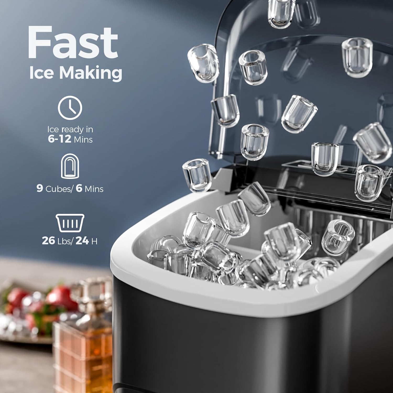 Portable Countertop Ice Maker - 26Lbs/24H, 9 Cubes in 6 Mins, Self-Cleaning, 2 Sizes of Bullet Ice - Perfect for Home Kitchen (Black)