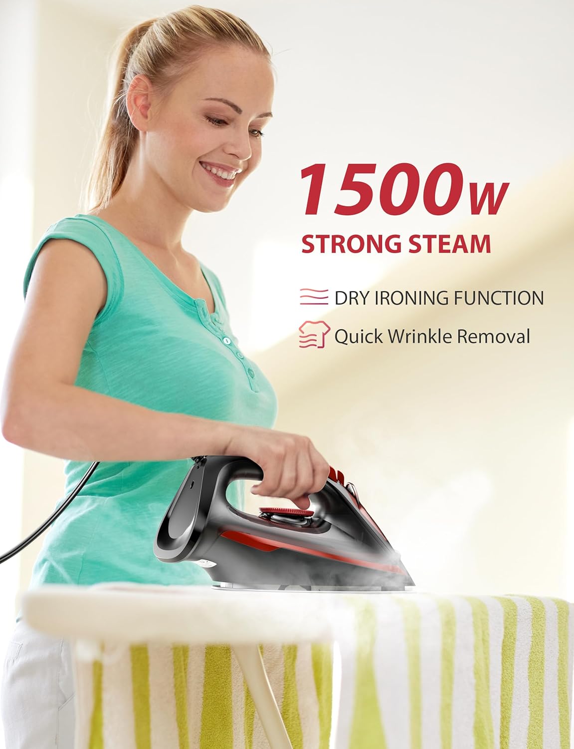 Powerful 1500W Steam Iron, Self-Cleaning with Rapid Heating Ceramic Soleplate, Precise Thermostat, & Auto-Off Features - Perfect for Effortless Home Ironing, Red